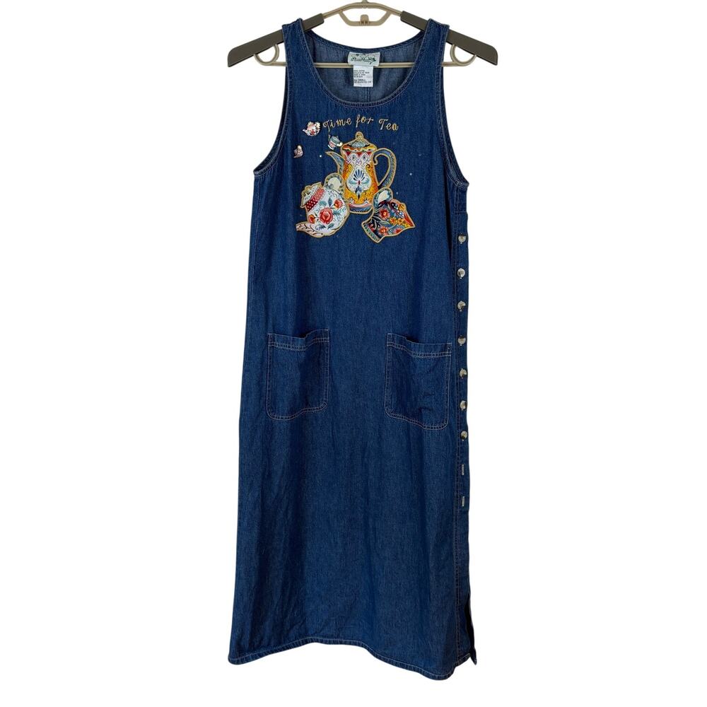 Quacker Factory Denim Maxi Dress Jumper Modest Tea Time pockets Small whimsy